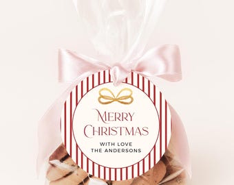 Editable Holiday Sticker Label, Red Striped Round Christmas Tag Template, Printable Favor Tag, 226-A