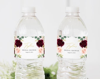 Editable Gold Burgundy Blush Floral Water Bottle Labels, Water Bottle Label DIY Template, Pink Burgundy Printable, Instant Download 574-A
