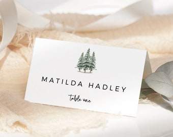 Forest Name Cards, Woodland Editable Place Card Rustic Name Card Printable, Evergreen Seating Card Template, Winter Wedding Name Card, 588-A