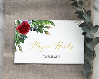 Winter Wedding Name Cards, Red Greenery Name Card, Red Rose Floral Editable Place Cards, DIY Wedding Seating Card Template Place Card, 541-A