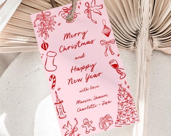 Hand Drawn Gift Label Template, Xmas Gift Wrap, Doodle Christmas Gift Tag Editable Quirky Holiday Label, Modern Hand Written Xmas Tag, 222-B