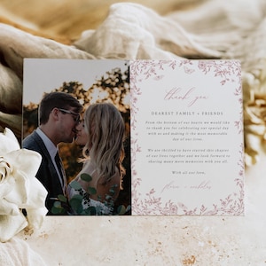 Cartão de agradecimento de casamento em toile de jouy rosa-poeira com foto, modelo de cartão de agradecimento chinoiserie, agradecimento com foto para impressão, editável, 523-B