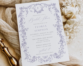 Dusty Lilac Chinoiserie Bridal Shower Invitation, Toile Bridal Brunch Invite Template, Vintage Editable 523-D