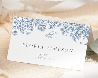 Chinoiserie Name Card, French Floral Wedding Place Card Dusty Blue Toile de Jouy Place Card, Vintage Table Name Card Editable Template 523-A