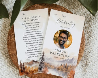 Mountains Memorial Prayer Card, Woodland Funeral Prayer Card Man Printable Prayer Card for Dad Keepsake Prayer Card, Editable Template 599-A