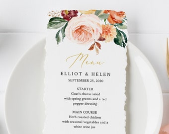 Fall Gold Blush Table Wedding Menu, Golden Floral Editable Menu, Printable Autumn Menu Greenery DIY Template Templett Instant Download 540-A