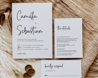 Editable Elegant Wedding Invitation Suite, Printable Modern Minimal Photo Invite, Black White, RSVP Details Template, Instant Download 583-A