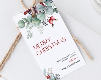Printable Winter Foliage Holiday Tags, Editable Christmas Gift Tag, Christmas Gift Wrap, Eucalyptus Pine DIY Template Instant Download 209-A