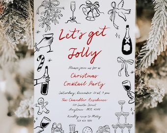 Hand Written Holiday Drinks Party Invite Template, Hand Drawn Christmas Cocktail Party Invitation Editable Whimsical Doodle Invite Fun 222-A
