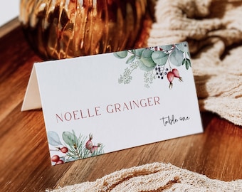 Winter Wedding Name Card, Eucalyptus Place Card, Christmas Wedding Place Card, Table Name Cards, Foliage Table Decor Editable Template 515-A