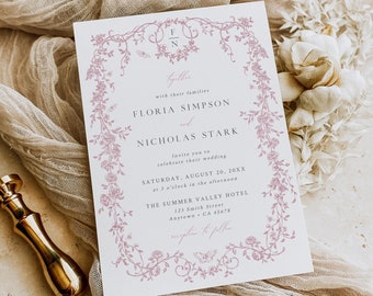 French Floral Wedding Invitation Template Dusty Pink Toile de Jouy Wedding Invitation, Printable Chinoiserie Invite, Vintage Editable 523-B