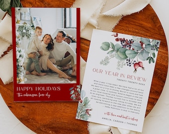 Printable Year in Review Christmas Photo Card, Modern Winter Foliage Card Template, Editable Holiday Card, Burgundy, Instant Download 209-A