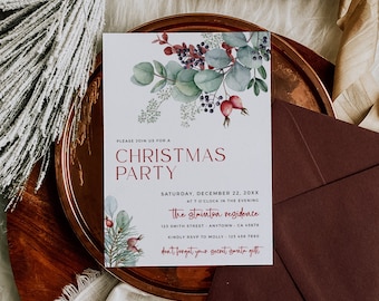 Editable Holiday Party Invite, Christmas Party Invitation Template, Printable Christmas Dinner Invitation, Modern, Winter Foliage Xmas 209-A