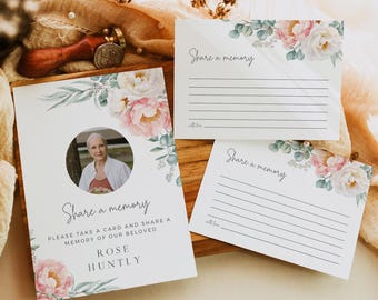 Memorial Share Memory Woman Celebration of Life Flower Peony Share a Memory Card, Floral Funeral Share a Memory Jar, Editable Template 507-A