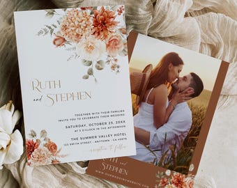 Printable Terracotta Floral Invite, Fall Wedding Invitation Boho Wedding Invite Template, Rustic Autumn Wedding Invite, Rust Editable 525-A