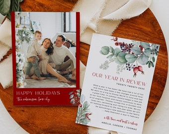 Printable Year in Review Christmas Photo Card, Modern Winter Foliage Card Template, Editable Holiday Card, Burgundy, Instant Download 209-A