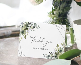 Printable Foliage Silver Geometric Thank You Cards, Editable Thank You Card Template, Greenery, Botanical, Instant Download, Templett, 568-A