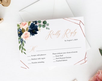 Navy Blush Floral Editable RSVP Card, Rose Gold Geometric RSVP Insert, DIY Insert Template, Boho Printable Reply Card Instant Download 529-A