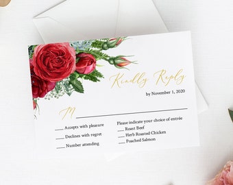 Editable Red Rose Fern RSVP Card, Red Floral Anniversary RSVP Insert, DIY Insert Template Shower Printable Reply Card Instant Download 541-A