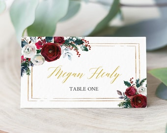 Burgundy Christmas Name Card Wedding Seating Card Template Christmas Wedding Place Card Editable Winter Name Card, Name Card Printable 543-A