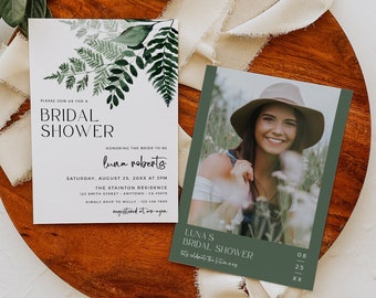 Greenery Bridal Shower Invitation, Botanical Bridal Shower Invitation, Printable Photo Invite, Modern Fern Invite, Editable Template 586-A