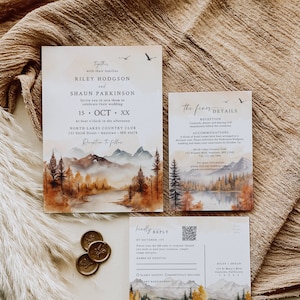 Ensemble de faire-part de mariage Woodland QR Code RSVP, suite de faire-part de mariage automne, modèle de faire-part de mariage montagnes, rustique, modifiable, 599-A