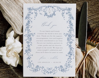Chinoiserie Napkin Note, Printable Table Thank You, Dusty Blue Toile de Jouy Thank You Letter Template, Place Setting Thanks, Editable 523-A