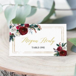 Carte de lieu de mariage de Noël Carte de nom d’hiver modifiable, Carte de nom de Noël de Bourgogne Carte de siège de mariage Modèle de carte de nom imprimable 543-A