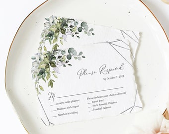 Editable Foliage Silver Geometric RSVP Card, Botanical Greenery Insert, DIY Enclosure Template Printable Reply Card Instant Download 568-A