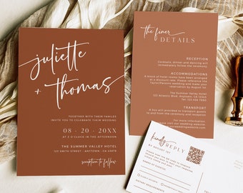 Desert Invite Set, Rust Wedding Invitation Set, Boho Wedding Invitation Suite, Modern Photo Invite, QR Code RSVP, Editable Template, 594-B