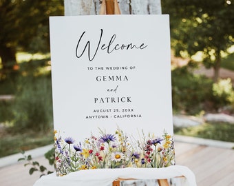 Meadow Flower Welcome Poster, Bright Wildflower Wedding Welcome Sign, Printable Boho Welcome Board, Editable Floral Yard Sign Template 510-A