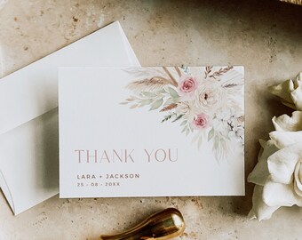 Dusty Rose Thank You, Dried Flower Thank You Cards, Printable Boho Thank You, Bohemian Thank You, Pampas Grass, Editable Template, 593-A