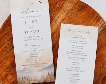 Rustic Wedding Order of Service Template, Woodland Wedding Program Fall Ceremony Program Printable, Editable Mountain Program, Autumn 599-A