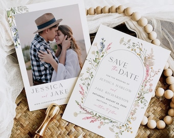 Boho Floral Save our Date Template, Arch Wedding Save Date Card, Dusty Pink Wildflower Save the Date with Photo, Printable Editable 522-A