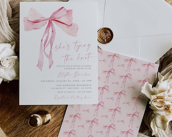 She's Tying the Knot Invite Template, Pink Bow Bridal Shower Invitation, Printable Ribbon Invite, Minimalist Bow Invitation, Editable 517-A