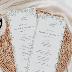 Menu Toile w kolorze szałwii zielonej, szablon menu weselnego w stylu chinoiserie, menu w stylu wiktoriańskim, francuskie menu kwiatowe do druku, wieczór panieński, edytowalne, 523-C