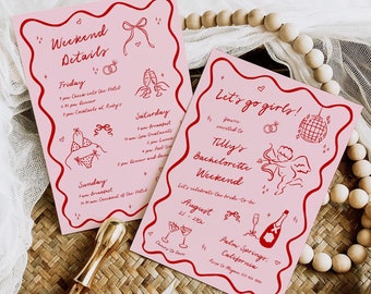 Hand Drawn Bachelorette Party Invitation Template, Doodle Bachelorette Weekend Itinerary Pink, Quirky Invite, Scribble Bach Editable, 526-B