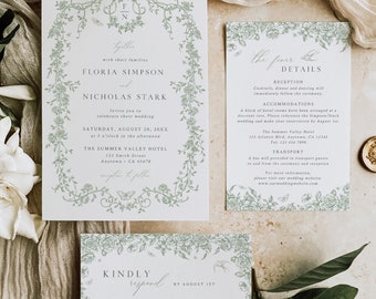 French Chinoiserie Wedding Invite Suite Template Sage Green Toile de Jouy Wedding Invitation Set QR Code RSVP, Floral Vintage Editable 523-C