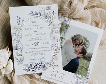 Printable Arch Wedding Invite with Flowers, Dusty Blue Floral Wedding Invitation Wildflower Wedding Invitation Template, Navy Editable 509-A