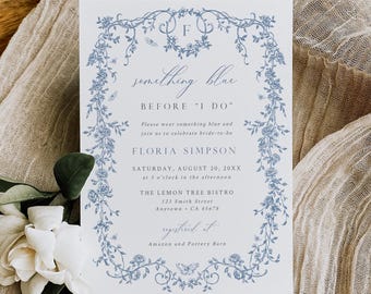 Something Blue Before I Do Invite Template, Blue Toile Bridal Shower Invitation, Printable Chinoiserie Invite, French Floral, Editable 523-A