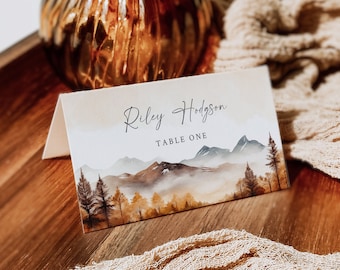 Mountains Name Card, Forest Wedding Place Card, Woodland Place Card, Fall Wedding Table Name Card Rustic Table Decor Editable Template 599-A
