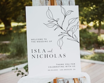 Editable Minimal Botanical Wedding Welcome Sign, Printable Modern Line Art Custom Template, Elegant Signage, 5 Sizes, Instant Download 589-A