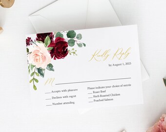 Editable Burgundy Blush Floral RSVP Card, DIY Enclosure Template, Pink Gold Green RSVP Insert, Printable Reply Card, Instant Download, 574-A