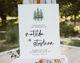 Printable Rustic Pine Wedding Welcome Sign, Editable Woodland Custom Template, Minimalist Signage, Forest Evergreen, 5 Sizes, Download 588-A