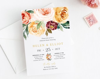 Gold Blush Floral Editable Rehearsal Dinner Invitation, Boho Fall Rehearsal Invite DIY Template, Printable, Instant Download, Templett 540-A