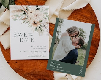 Editable Sage Boho Photo Save the Date, Printable Modern Pampas Grass Save our Date DIY Template, Green Photo Card, Instant Download 591-A