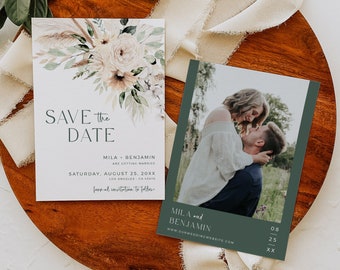 Boho Save the Date, Sage Green Save our Date, Pampas Grass Save the Date, Bohemian Photo Save the Date Card, Floral, Editable Template 591-A