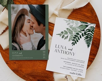 Editable Modern Botanical Photo Wedding Invite, Printable Minimal Greenery Wedding Invitation, Elegant Boho Template, Instant Download 586-A