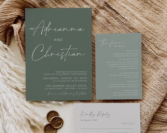 Editable Sage Green Minimalist Wedding Invitation Suite, Modern Boho Photo Invite, RSVP Details Printable Template, Instant Download 580-A