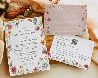 Garden Wedding Invitation Suite, Wildflower Wedding Invitation Set, Whimsical Invite, Spring Wedding, QR Code RSVP, Editable Template 595-A